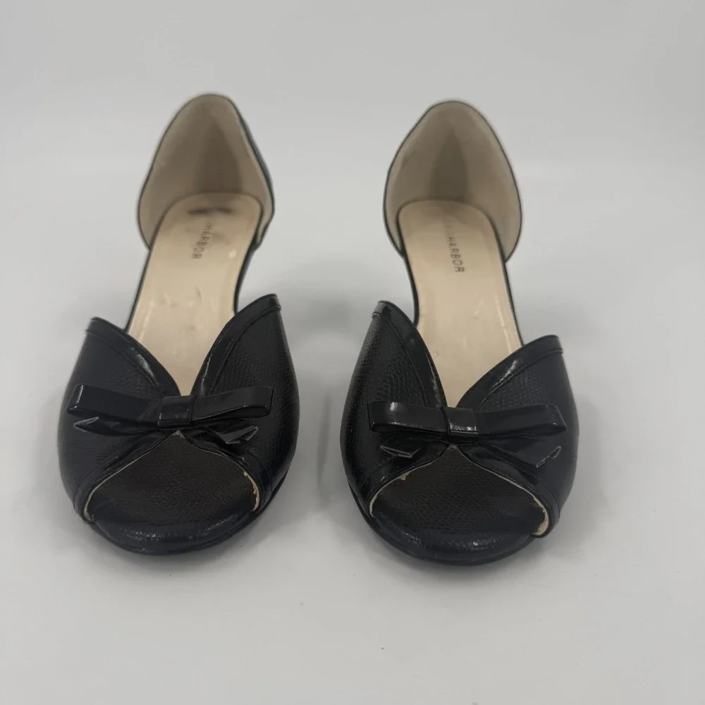 Sag Harbor Anita Heeled Sandals Womens US 9.5M Black Bow Detail Peep Toe Slip On